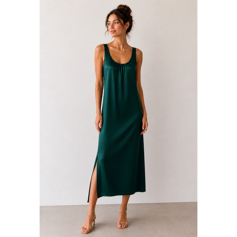 Abercrombie & Fitch Green Slip Dress Midi Side Slit Small Emerald Scoop Neck